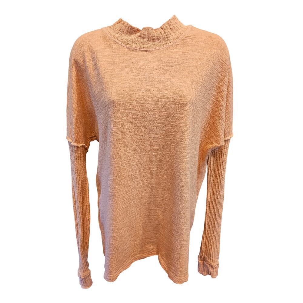 AMADI Anthropologie Mock Neck Sweater Cotton Slub Ribbed Sleeves raglan pink L